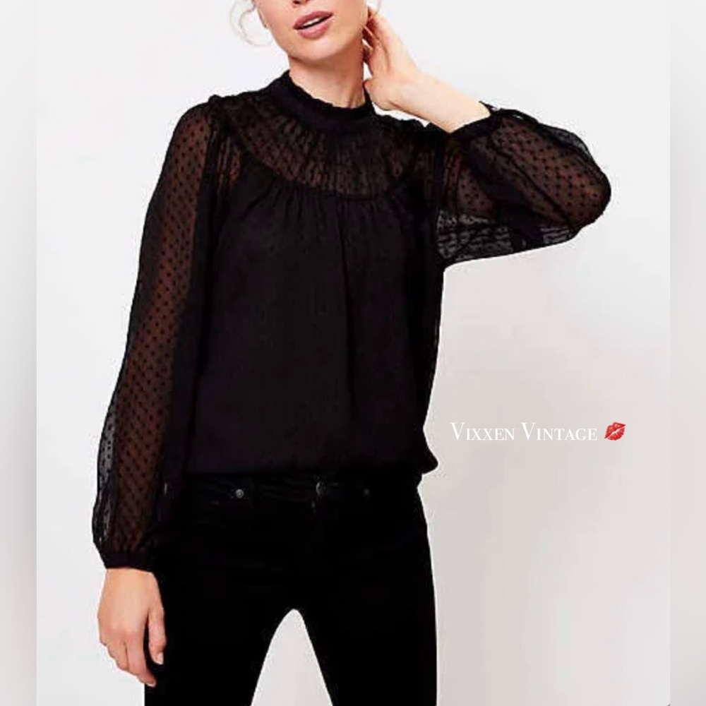 LOFT 'CLIP DOT SHIRRED RUFFLE NECK BLOUSE' IN BLACK